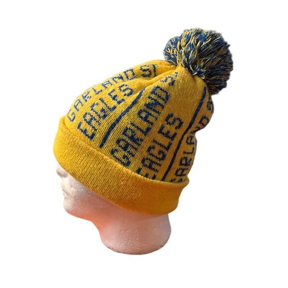 Vintage 80s School Garland Eagles Beanie Winter Hat Ski Snow Yellow Blue Pom Pom - Picture 3 of 5